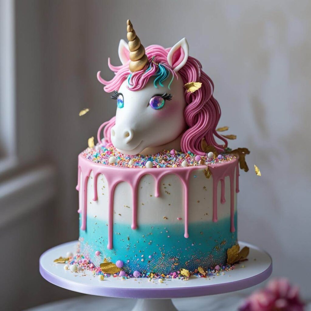 10 Magical Unicorn Cake Design Ideas to Wow Your Guests 6 Drip Cake with Unicorn Topper