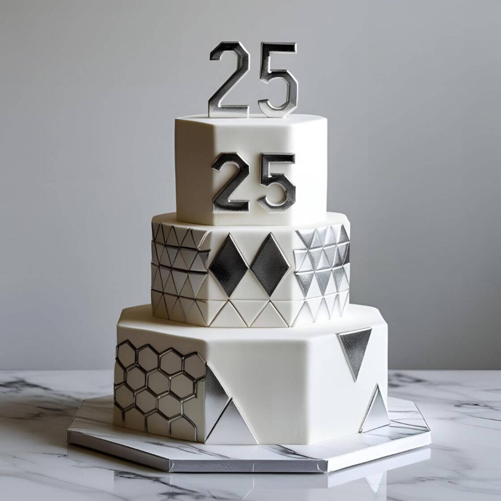 10 Best 25th Anniversary Cake Designs to Celebrate Love & Milestones 8 Geometric Silver & White Cake