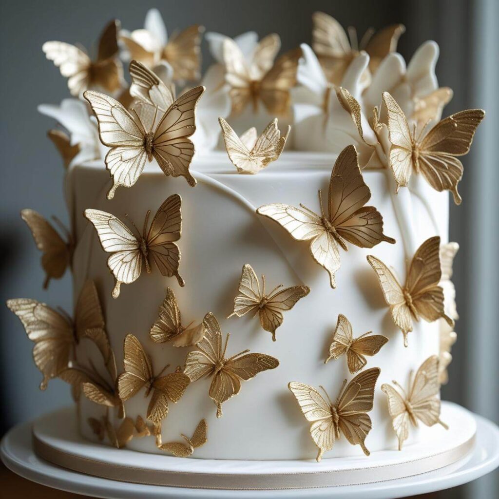10 Stunning Butterfly Cake Designs for Every Celebration 8 Metallic Gold & White Butterfly Cake
