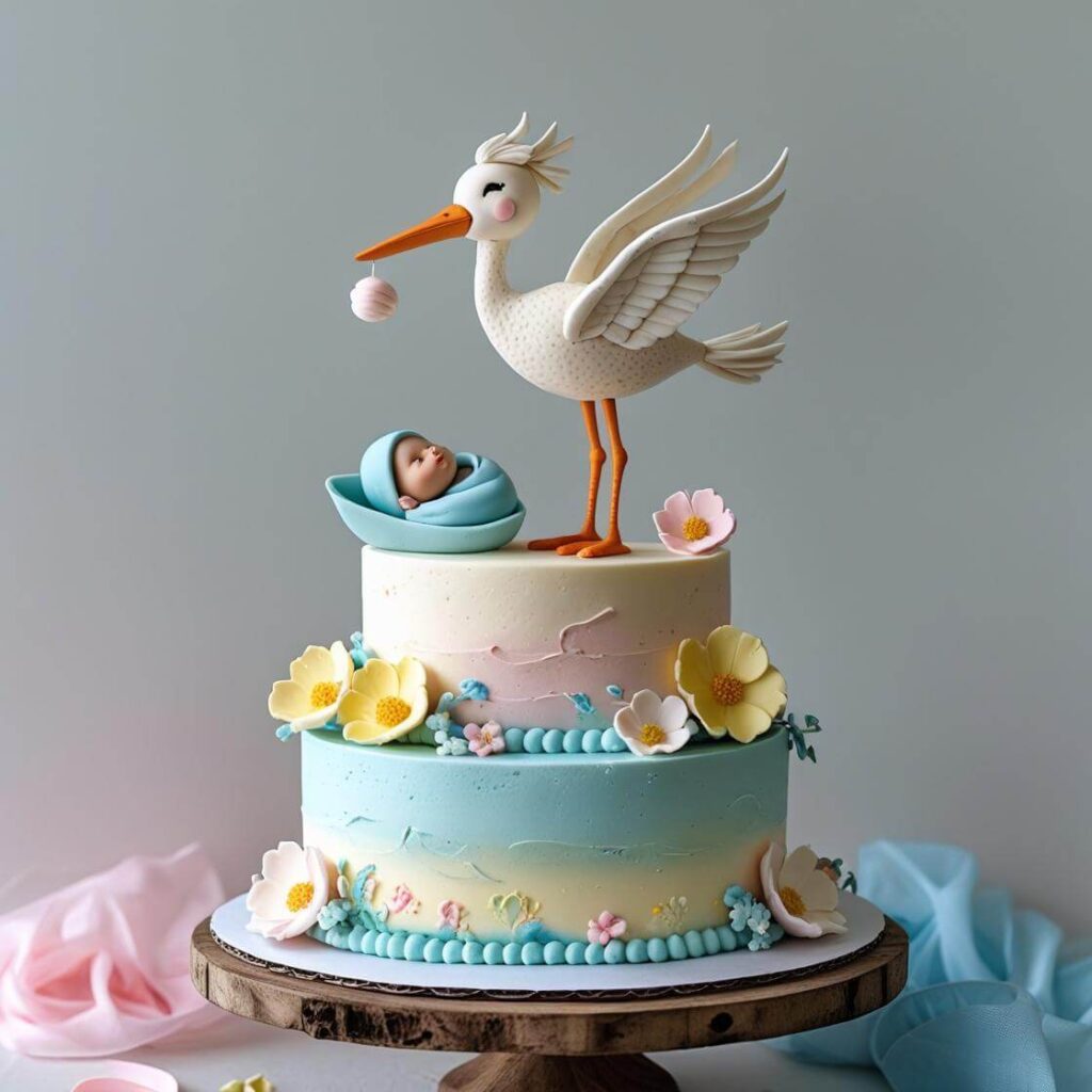 10 Adorable Baby Shower Cake Designs to Sweeten Your Celebration 3 Whimsical Stork Delivery Cake