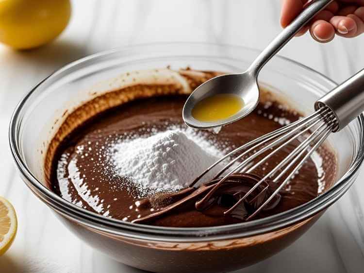 Adding baking powder, baking soda, and vanilla essence to chocolate cake batter.