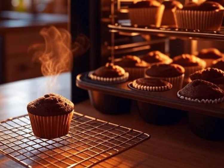 Freshly baked Oreo cupcakes cooling on a rack, seen through a warm oven door.