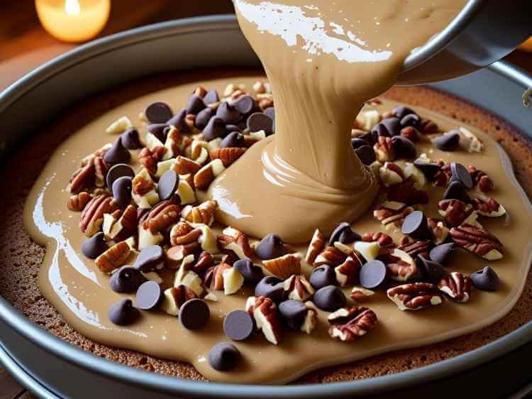 Chocolate rava cake batter topped with nuts and choco chips placed in a baking tin before baking.