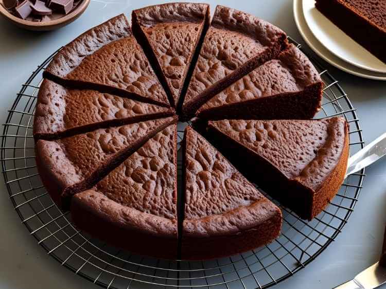 Freshly baked chocolate rava cake cooling on a wire rack before slicing.