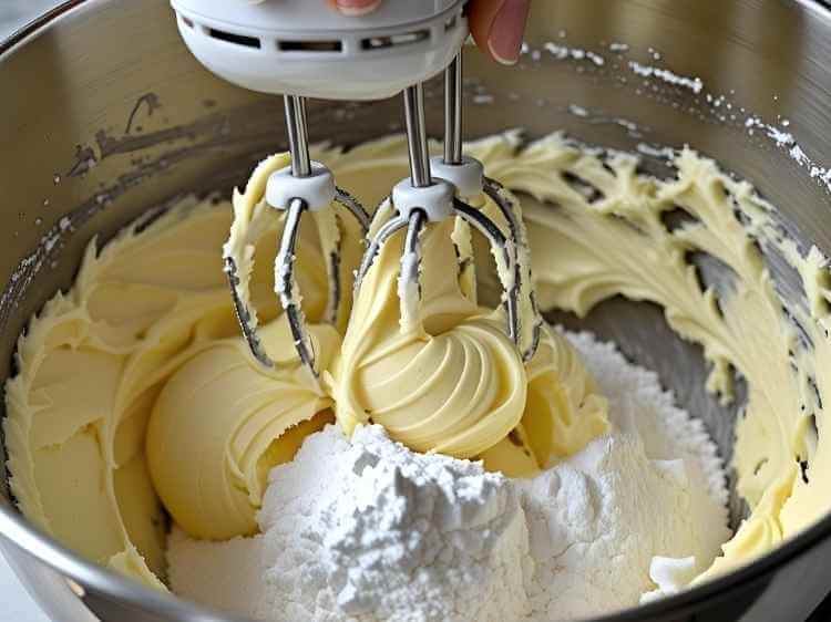 Creaming together softened butter and powdered sugar until light and fluffy for a classic mawa cake.