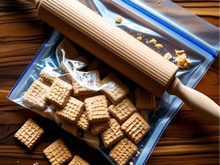 Crushing digestive biscuits inside a plastic bag with a rolling pin on a wooden surface.