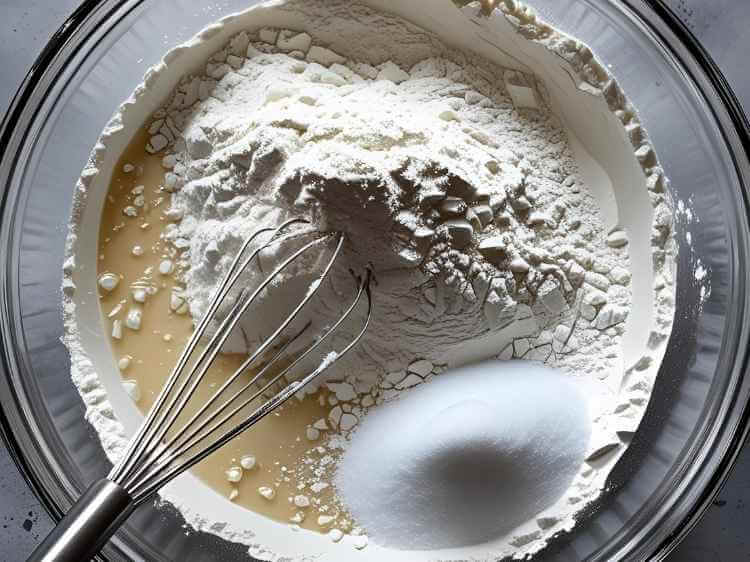 Whisking together dry ingredients - flour, baking powder, and baking soda - for an eggless mawa cake recipe.