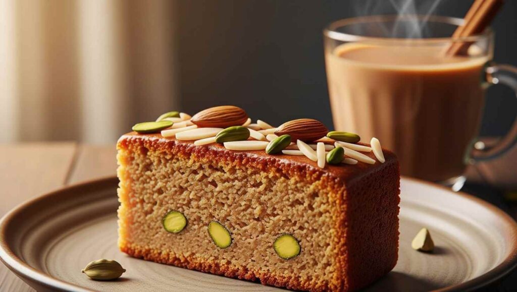 A slice of homemade, eggless Indian Mawa Cake with almond and pistachio topping, served with masala chai. A rich, moist, and flavorful dessert recipe.
