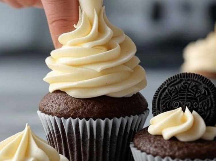 A hand frosting a chocolate cupcake with a piping bag, topped with a mini Oreo cookie.