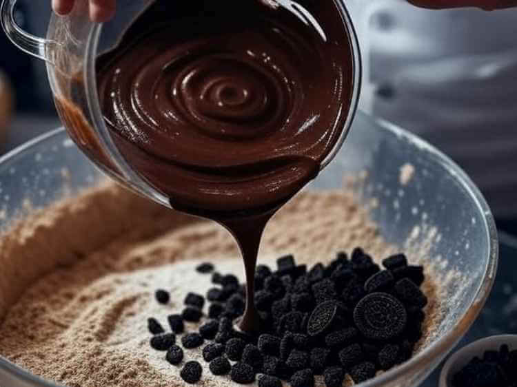 Close-up of hands mixing dark chocolate cupcake batter and folding in chopped Oreo cookies.
