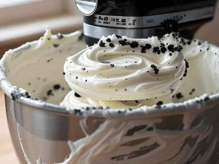 Close-up of creamy Oreo crumb cream cheese frosting being mixed in a stainless steel bowl.