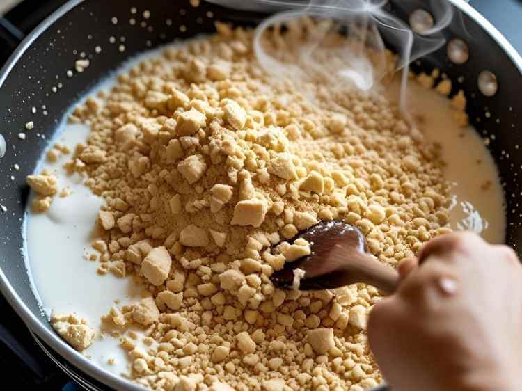 A hand stirring homemade mawa (khoya) in a pan, made from milk powder and milk for an eggless mawa cake