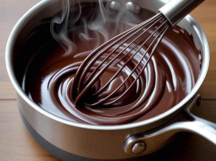  A small saucepan with rich, melted dark chocolate and cream mixture, being whisked until smooth.