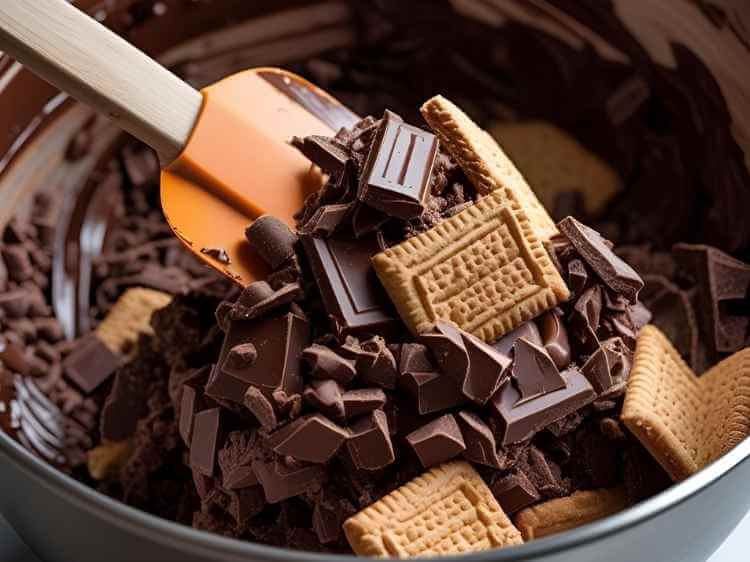 Mixing chocolate and crushed biscuits together with a spatula until fully combined.