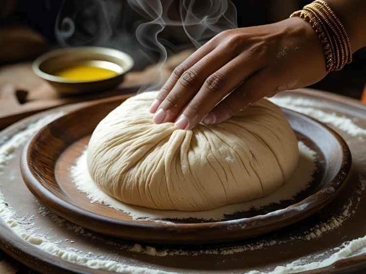Kneading warm rice flour dough for modak covering in Ganesh Chaturthi recipe.