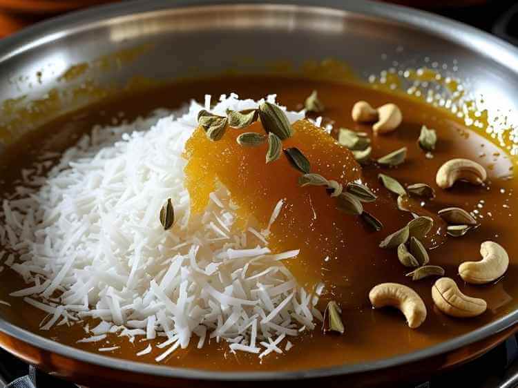 Coconut and jaggery mixture cooking in a pan for authentic ukadiche modak filling.