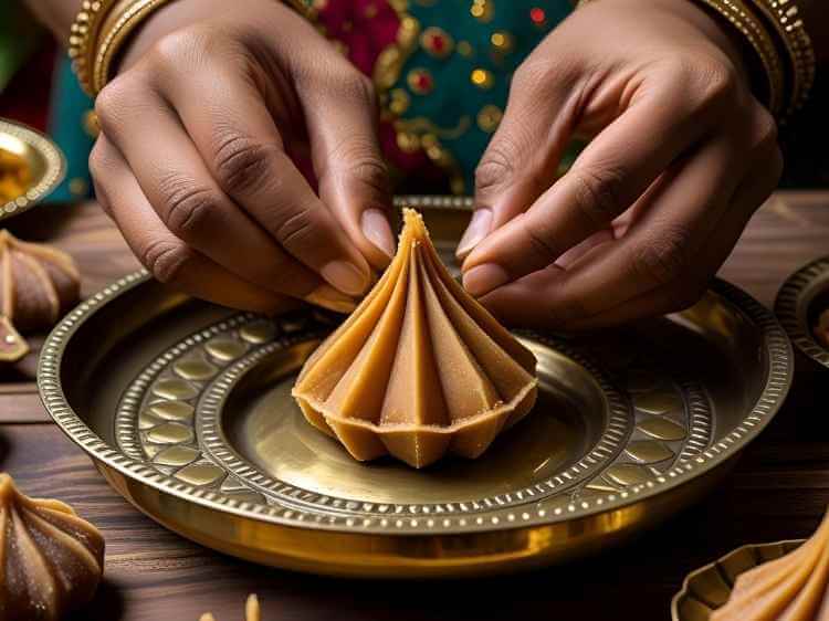 Shaping ukadiche modak with pleats and jaggery filling for Ganesh festival.