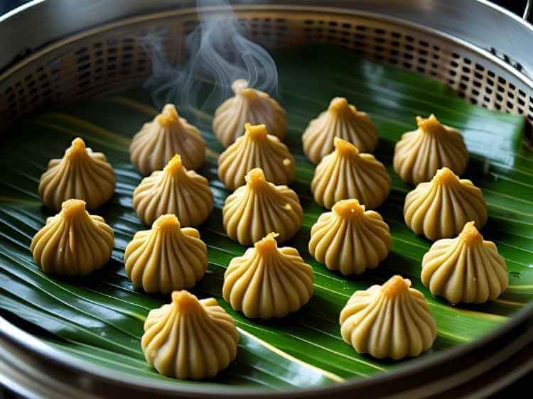 Freshly steamed ukadiche modak placed on banana leaves ready to serve.