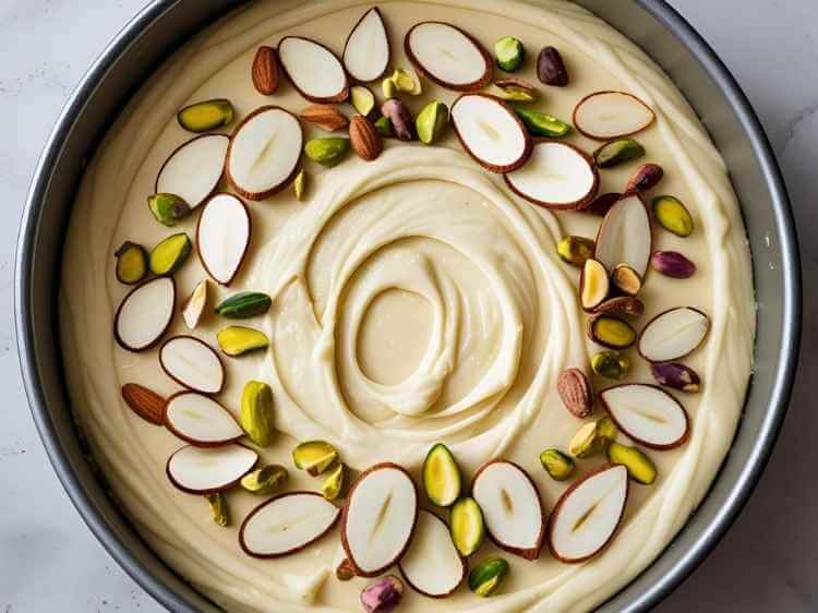 Eggless mawa cake batter in a pan, topped with sliced almonds and pistachios, ready to be baked.