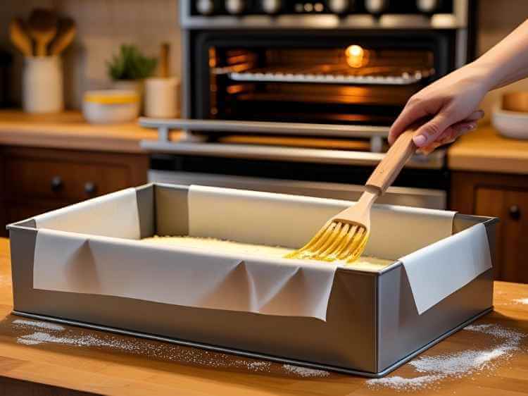 Greasing a cake tin with parchment paper while oven preheats to 180°C.