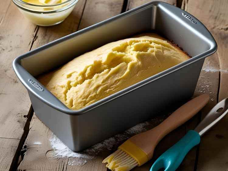 A greased loaf pan ready for the biscuit cake mixture, sitting on a wooden table.