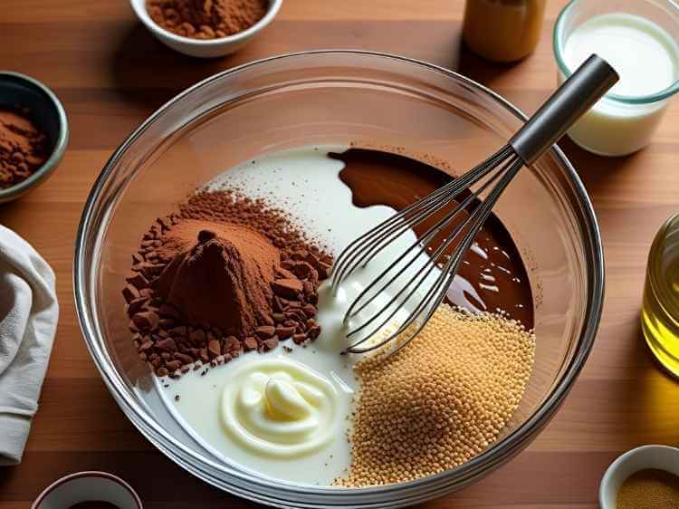 Mixing rava, cocoa, sugar, yogurt, milk, and oil in a bowl to prepare smooth chocolate cake batter.