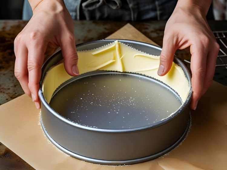 Preparing a cake pan by greasing it with butter for baking an eggless Indian mawa cake.