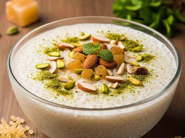 Creamy, chilled sabudana kheer garnished with nuts and raisins, a perfect dessert for Hindu fasting days like Ganesh Chaturthi or Navratri 