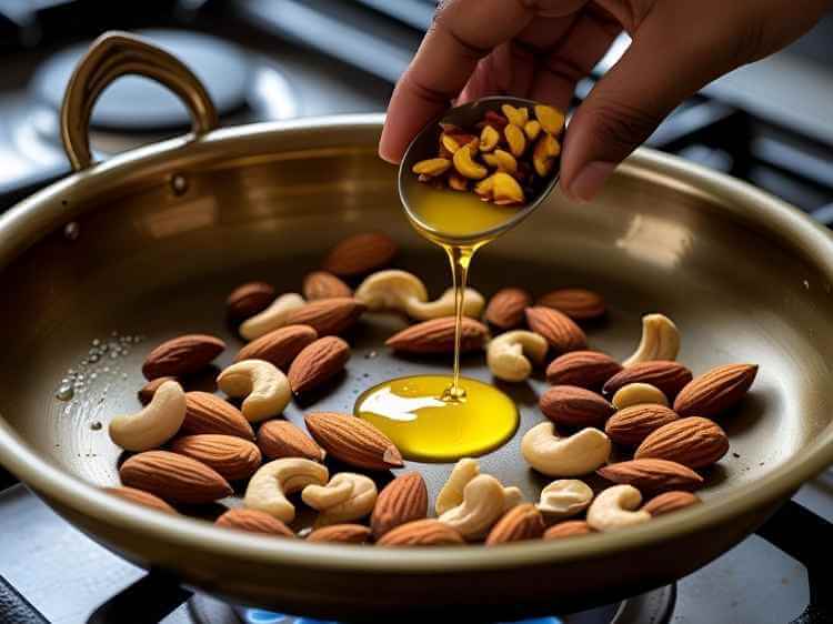 Toasting almonds and cashews in golden ghee in a traditional Indian kadai for sabudana kheer