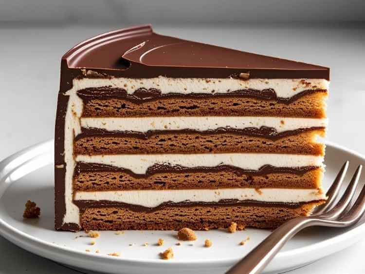 A final sliced piece of no-bake chocolate biscuit cake, ready to eat.