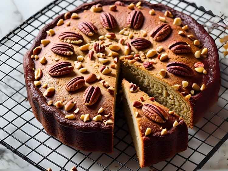 A slice of delicious, homemade eggless Indian mawa cake with a moist crumb and nut topping, served on a plate.