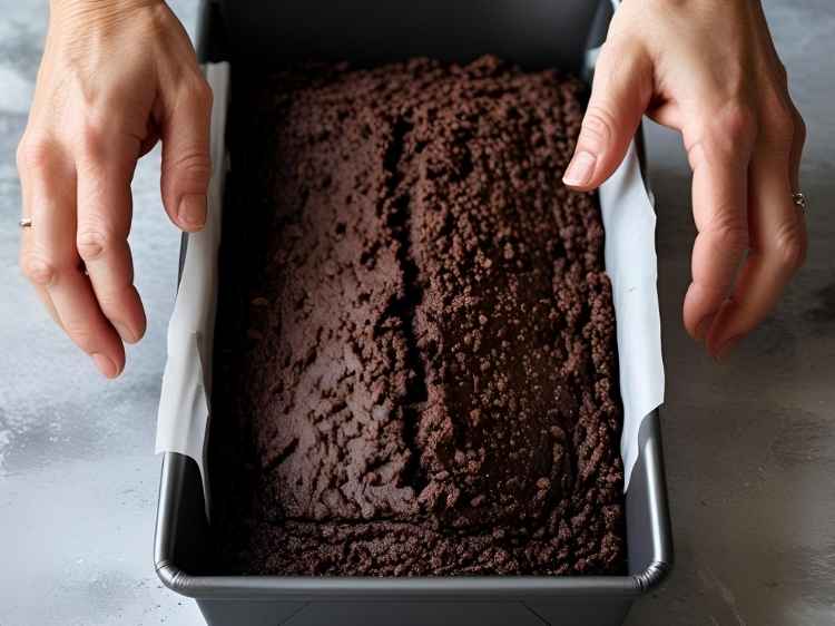 Pressing the chocolate biscuit mixture firmly into a loaf pan to set.
