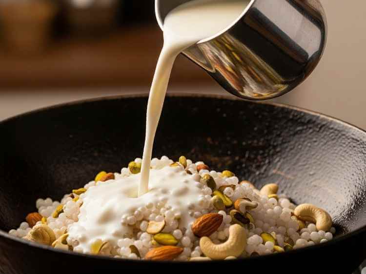 Pouring fresh milk into the pot with sautéed sabudana to begin simmering the kheer.