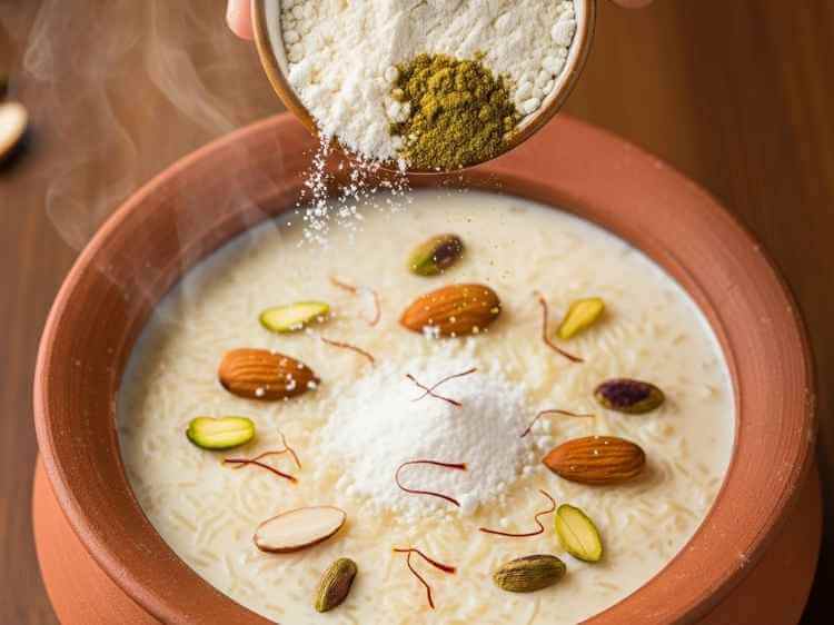 Adding powdered rock sugar and green cardamom to the cooked sabudana kheer for natural sweetness and flavor
