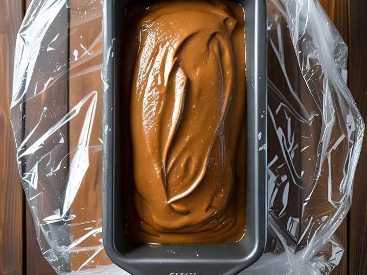 A loaf pan filled with chocolate biscuit cake, covered with cling wrap, ready to be chilled.