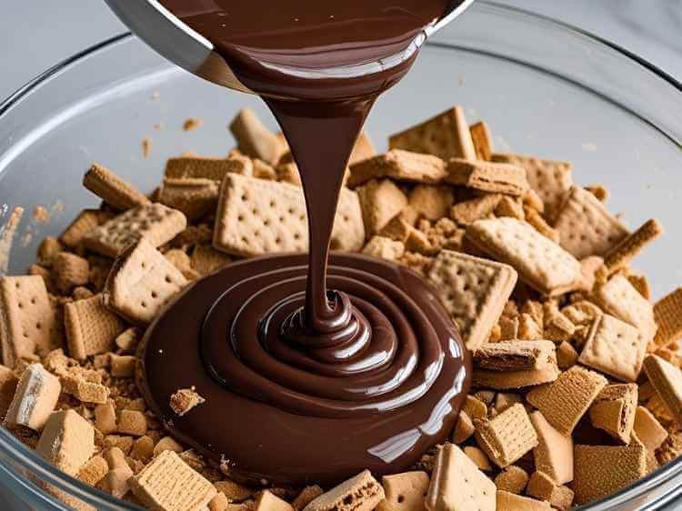Pouring warm chocolate ganache over crushed biscuits in a large mixing bowl.