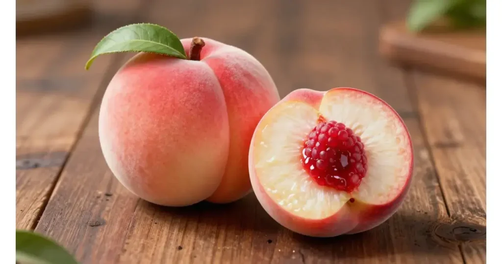 Hyper-realistic peach cake sliced open to reveal vanilla sponge and raspberry filling, made using 3D silicone baking molds