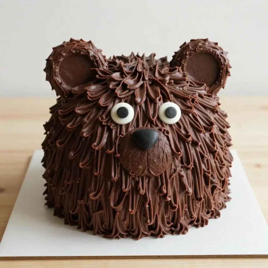 A spherical cake decorated with textured chocolate frosting to resemble the fuzzy fur of a cute teddy bear.