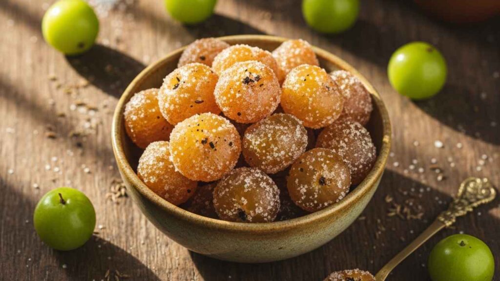 Homemade amla candy recipe pieces in rustic bowl with spices