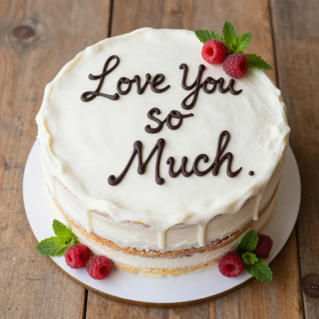 A rustic naked cake with chocolate drip and the piped message "Love You so Much" for a sweet Teddy Day gift.