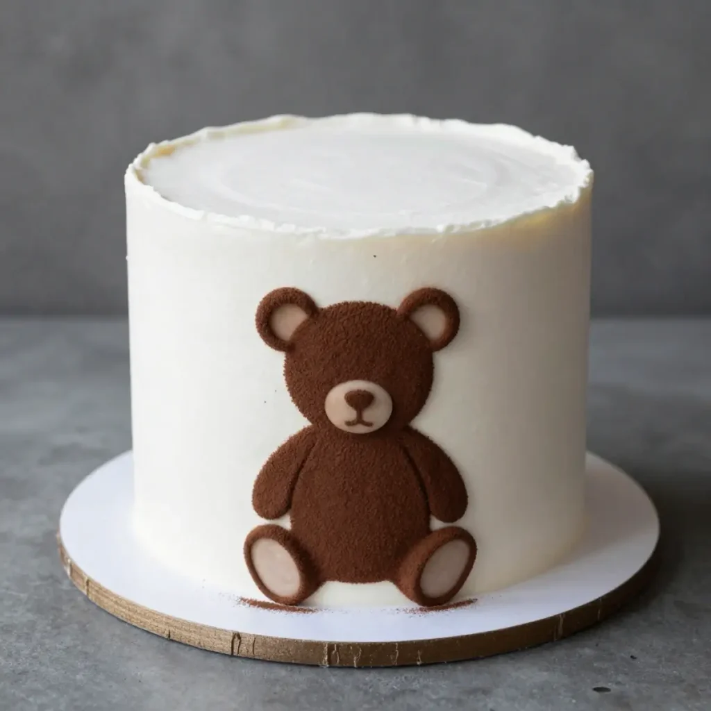A minimalist white fondant cake with a dusty cocoa powder teddy bear silhouette stenciled on its side.
