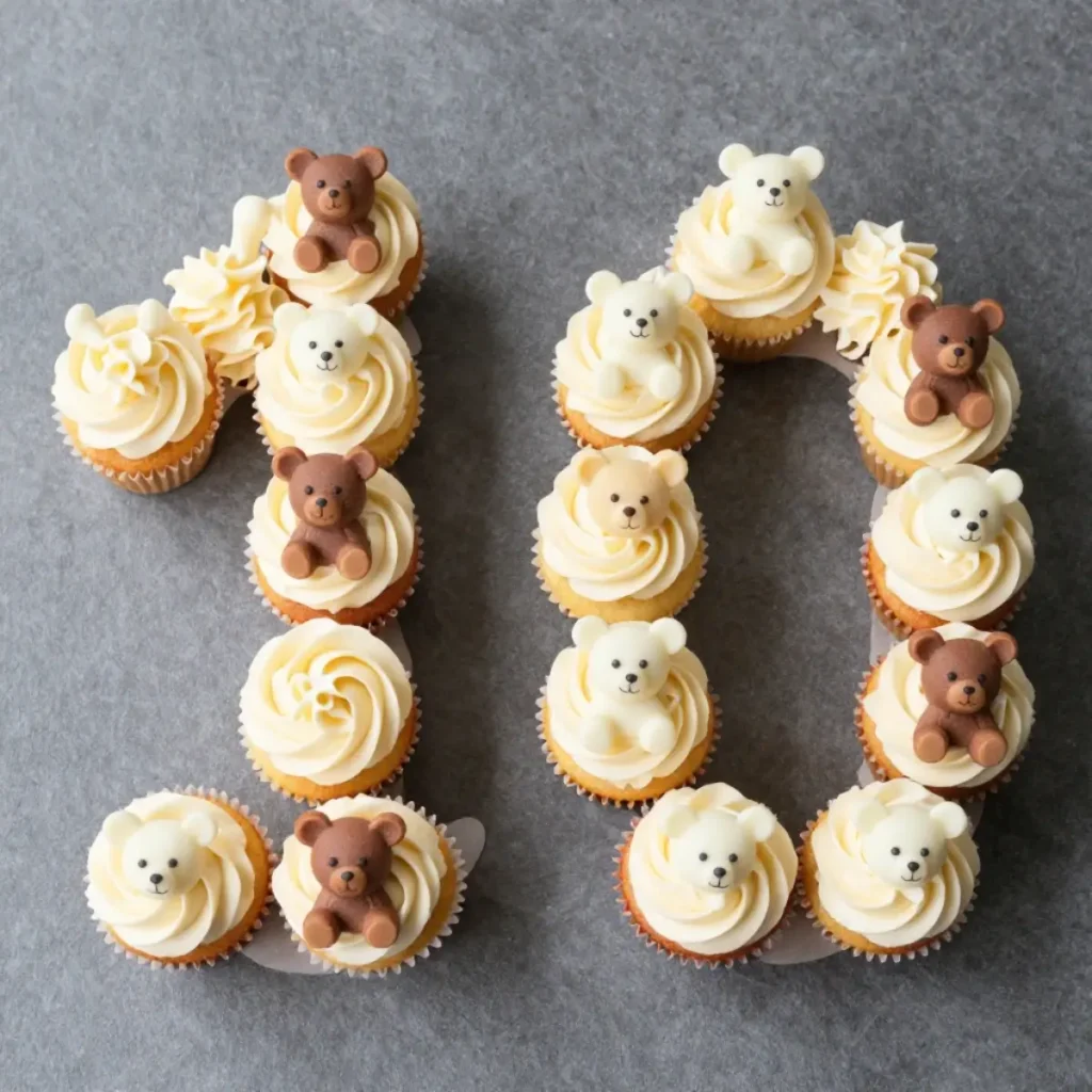 Cupcakes arranged in the number 10, each topped with a different miniature teddy bear cake topper for Teddy Day.