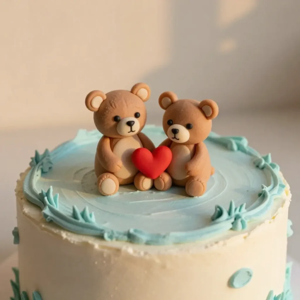 Two fondant teddy bears cuddling and sharing a heart on top of a pale blue frosted sheet cake