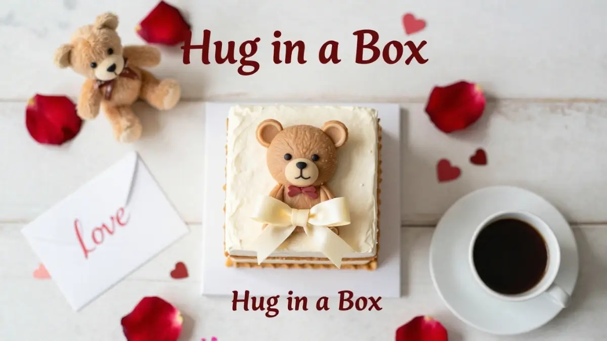 A flat lay of a decorative teddy bear cake surrounded by Valentine's Day props like rose petals and a plush bear for a blog article about Teddy Day cake Designs.