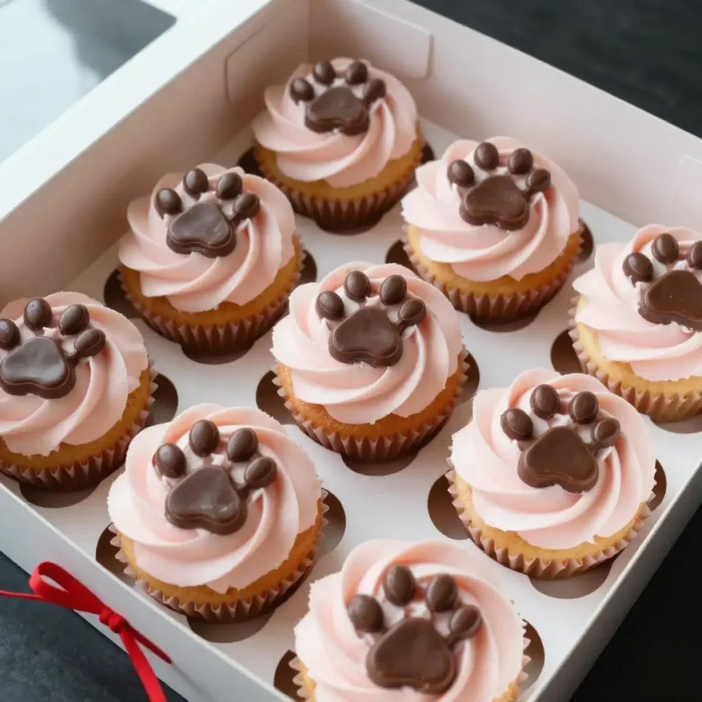 A box of vanilla cupcakes with pink frosting, each decorated with a simple chocolate paw print design for Teddy Day.