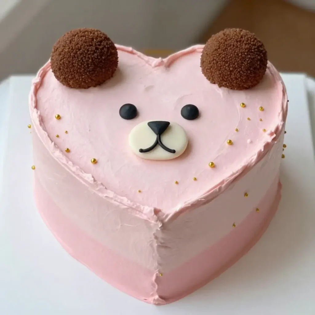 A pink heart-shaped cake with cake pop ears and a fondant face to look like a cute teddy bear for Valentine's week.