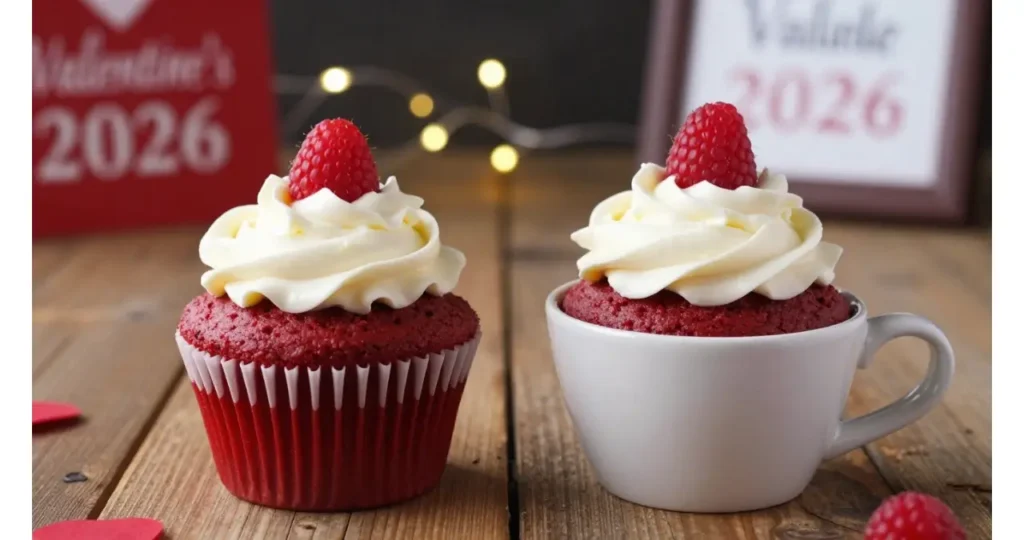 Two vegan and gluten-free red velvet mug cakes with white frosting and raspberries, set for a romantic Valentine's Day 2026 dessert