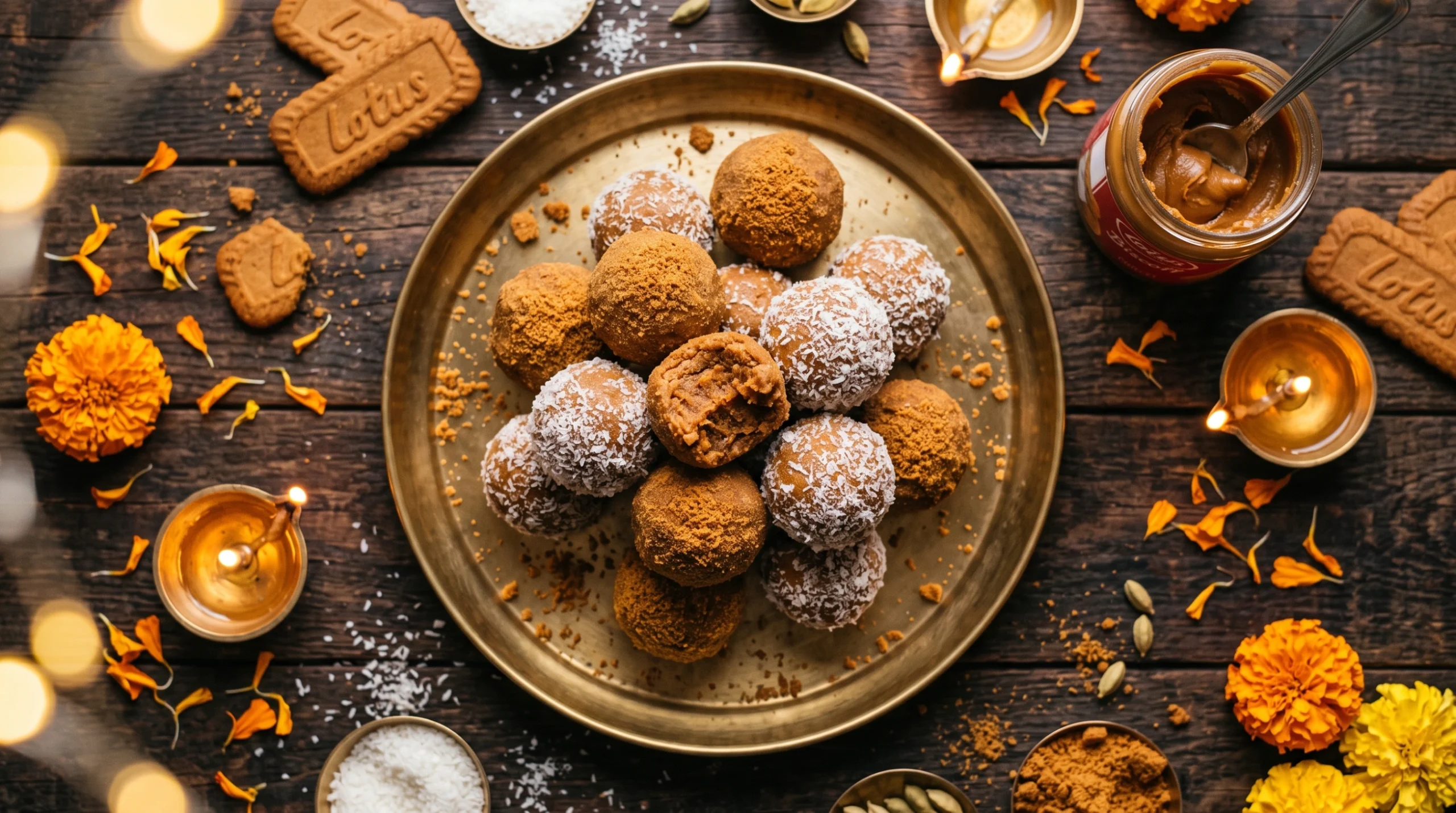 Biscoff ladoos rolled in coconut on a brass thali for Diwali
