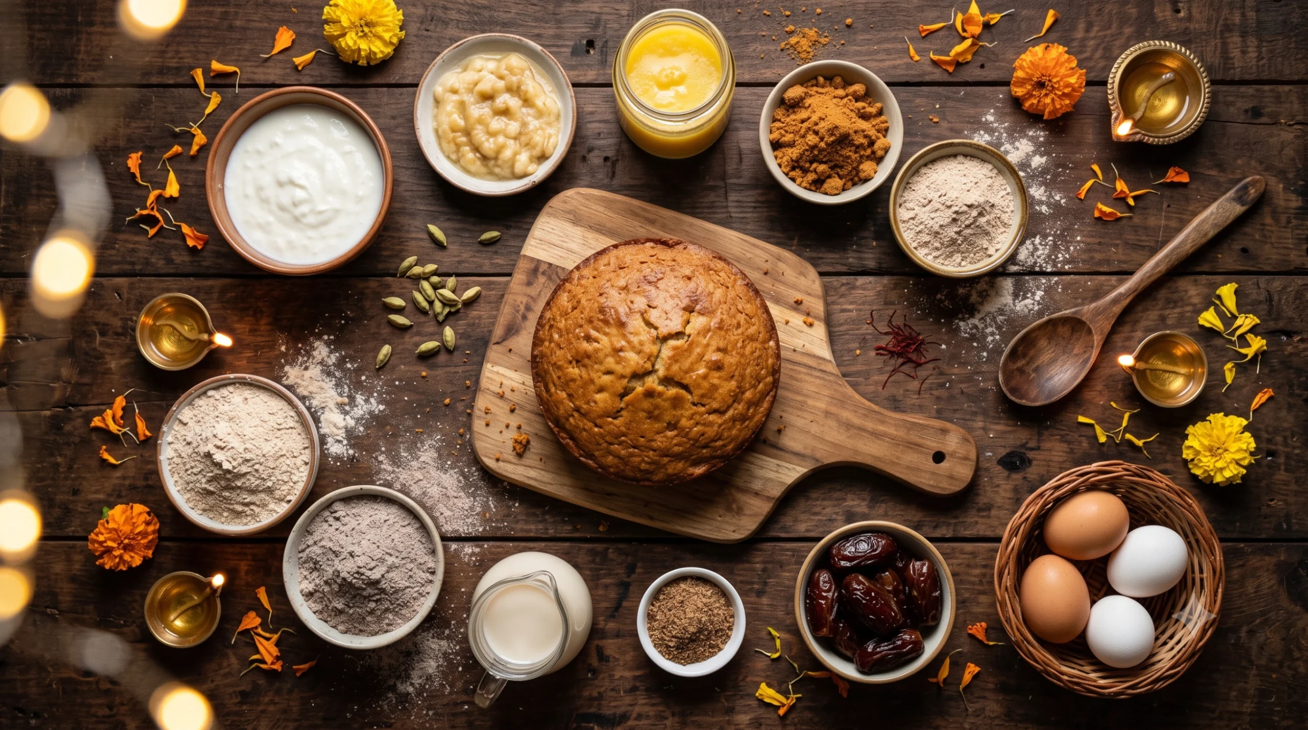 Diwali baking ingredient swaps including curd, banana, jaggery, ghee and whole wheat flour