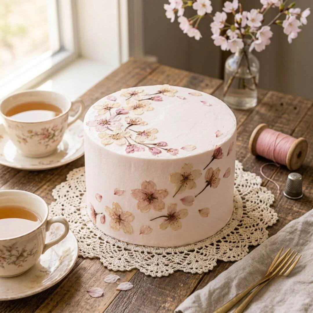 Pressed-Flower Cherry Blossom Cake